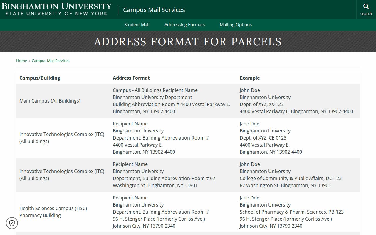 Vestal ZIP code screenshot of Binghamton University 13902 campus mail guidance