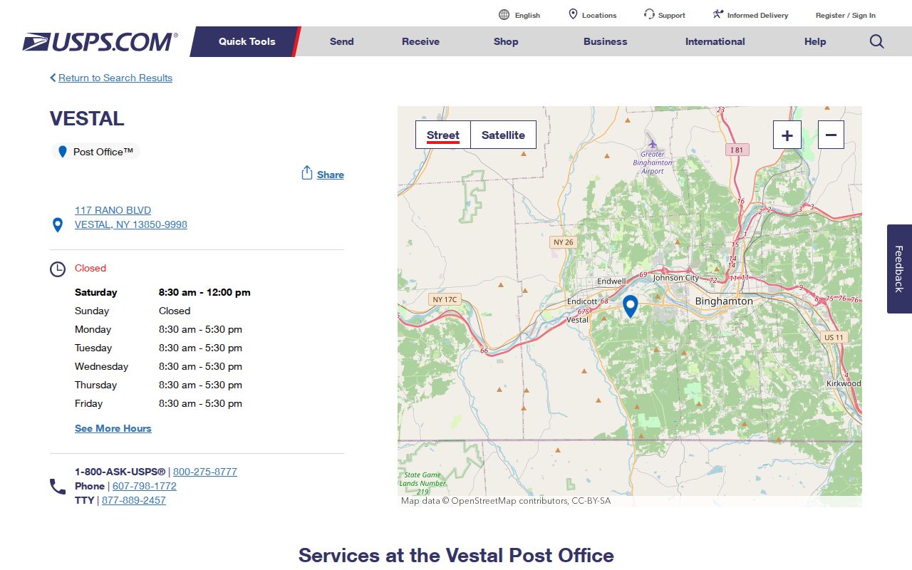 Vestal ZIP code screenshot of the USPS Vestal post office record